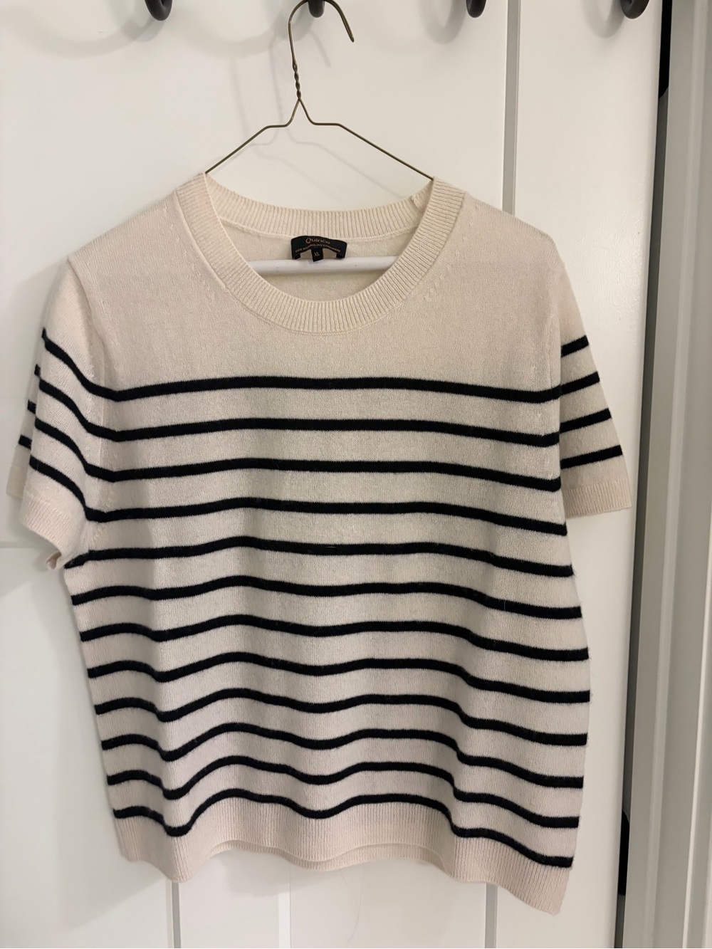 Quince Cream & Black Striped Mongolian Cashmere Short-Sleeve Sweater